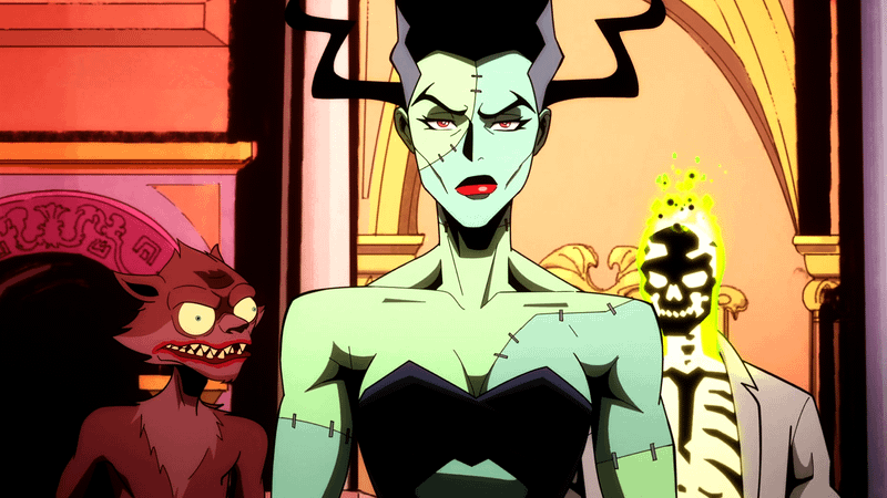 Bride, Weasel, and Doctor Phosphorus standing in a regal room in Creature Commandos