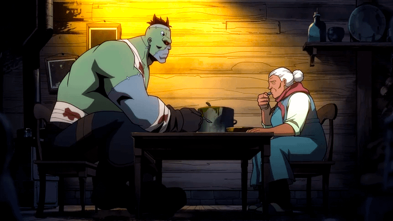 Eric Frankenstein sitting across from an old woman in Creature Commandos