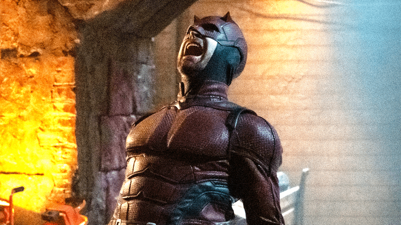 Charlie Cox as Matt Murdock screaming in his Daredevil costume in Daredevil: Born Again