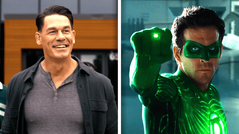 John Cena as Peacemaker and Ryan Reynolds as Green Lantern.