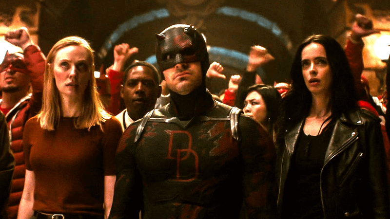 Karen Page, Daredevil and Jessica Jones in Daredevil: Born Again Season 2.
