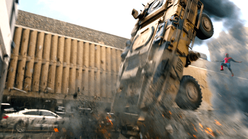 The tank flipping in Spider-Man: Brand New Day.