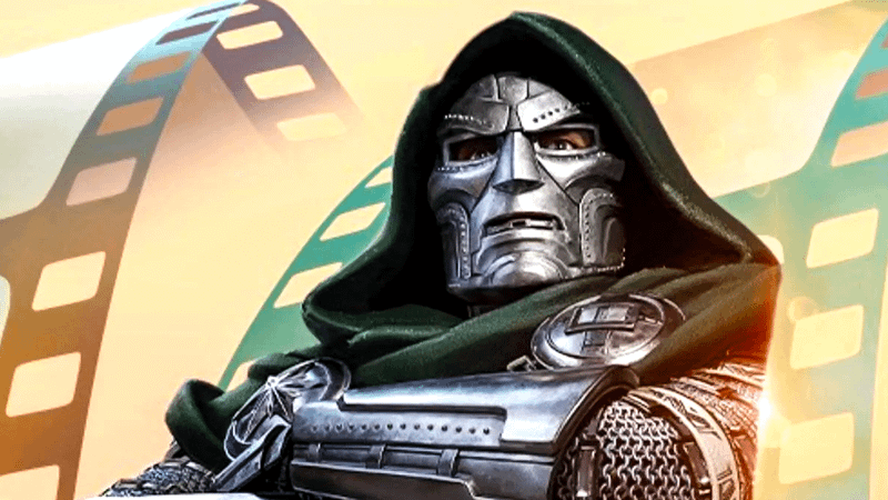 Doctor Doom gazes from behind his metal mask and signature green hood in front of a film-reel background.