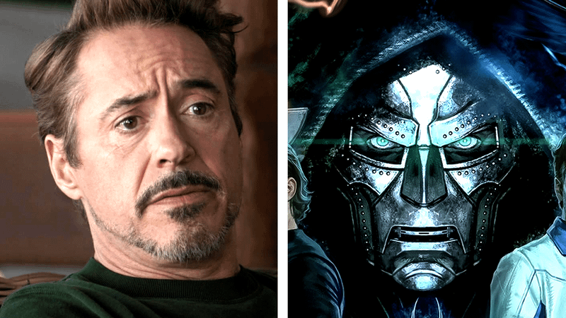 Robert Downey Jr. as Tony Stark in 'Avengers: Endgame,' Robert Downey Jr. as Doctor Doom in concept art for 'Avengers: Doomsday.'