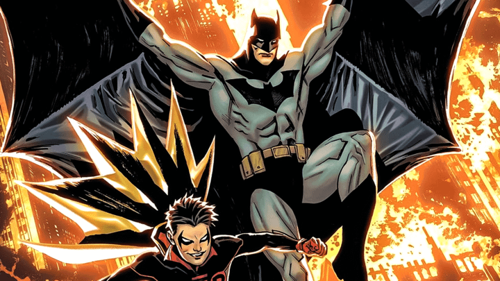 Batman and Robin falling through the air.