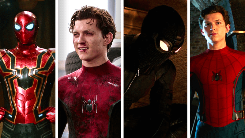 Tom hHolland in Iron Spider suit, red-and-black Spider-Man suit, black Spider-Man steatlh suit, and red-and-blue Stark suit in 'Spider-Man: Far From Home.'