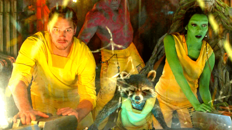 Chris Pratt as Peter Quill, Rocket Raccoon, & Gamora in Guardians of the Galaxy.