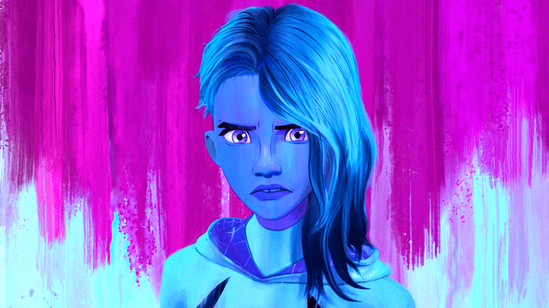 Gwen Stacy in SpiderVerse, Blue and purple.