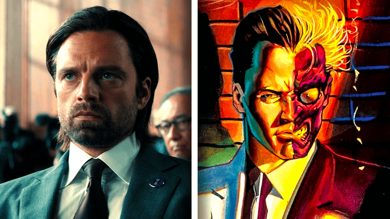 Sebastian Stan as Bucky Barnes next to Two-Face in DC Comics.