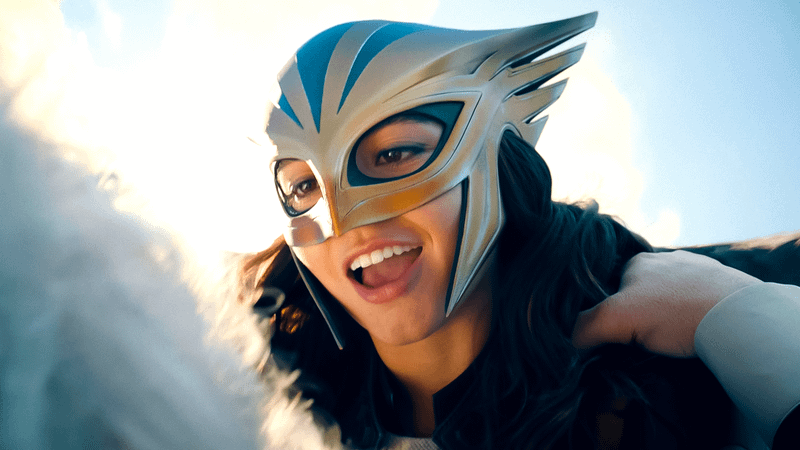 Isabela Merced as Hawkgirl flying through the sky in Superman