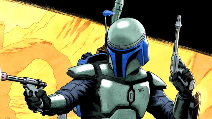 Jango Fett holding his guns on a comic book cover.