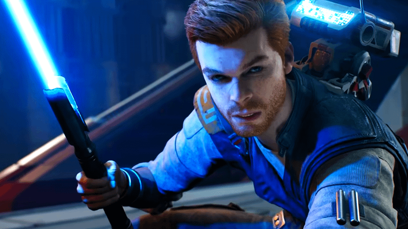 Cal Kestis with blue lightsaber in Jedi Survivor.
