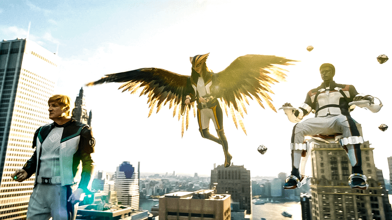Nathan Fillion as Guy Gardner/Green Lantern, Isabela Merced as Hawkgirl, Edi Gathegi as Mr. Terrific in 'Superman.'