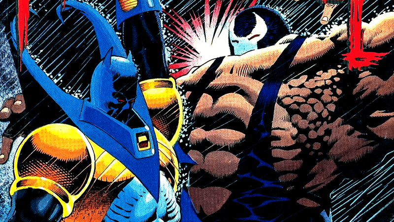 Batman in blue and yellow suit and Bane in 'Batman: Knightfall.'