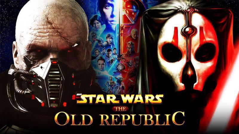 Star Wars: The Old Republic logo next to classic Star Wars posters and Old Republic characters.