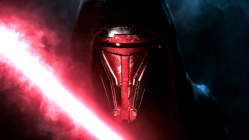 A red lightsaber illuminates the red-and-silver mask and dark hood of a Sith in Knights of the Old Republic.