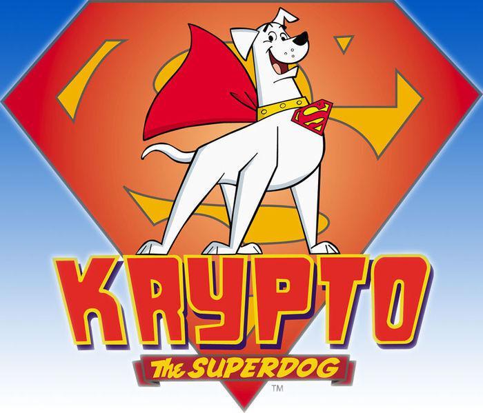 Krypto stands in front of the Superman S emblem, on top of red-and-yellow text reading