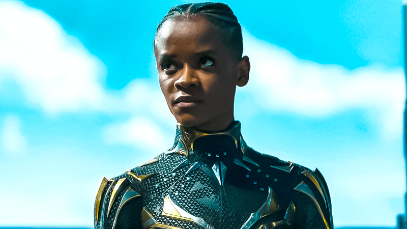 Letitia Wright as Shuri wearing her Black Panther suit.