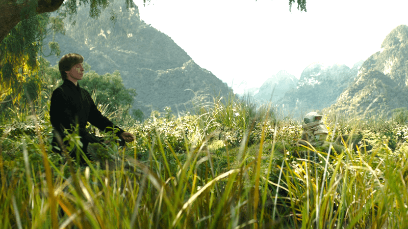 Luke Skywalker sitting in a field with Grogu in The Book of Boba Fett