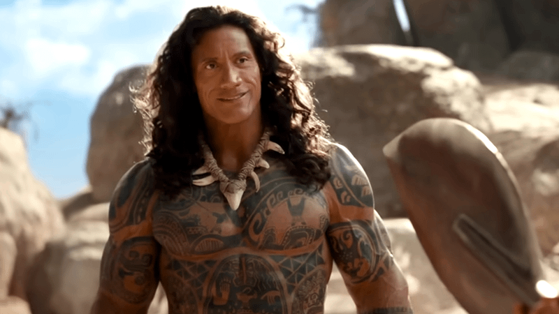 Dwayne Johnson standing as Maui in Moana.