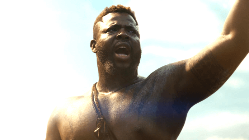 Winston Duke as M'Baku making a battle cry in Black Panther