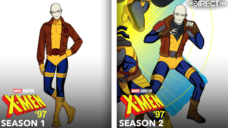 Morph X-Men costume with leather jacket from 'X-Men '97' Season 1, Morph X-Men costume from 'X-Men '97' Season 2 with leather vest.