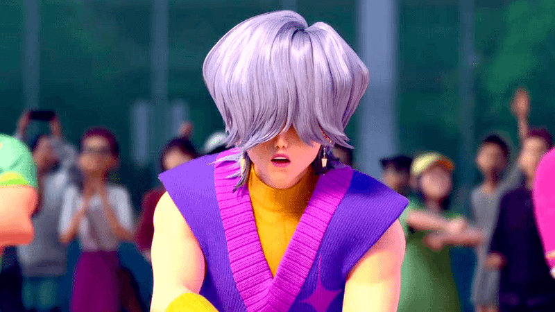 Mystery Saja standing in a purple sweater vest in K-Pop Demon Hunters