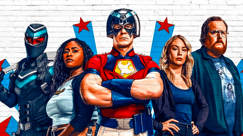 The Peacemaker cast painted on a brick wall