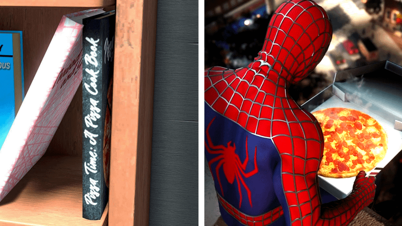 A pizza cook book on the left and Spider-Man eating pizza on the right.