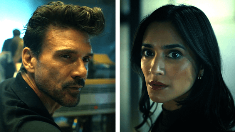 Frank Grillo as Rick Flag Sr. and Sol Rodriguez as Sasha Bordeaux in 'Peacemaker' Season 2.