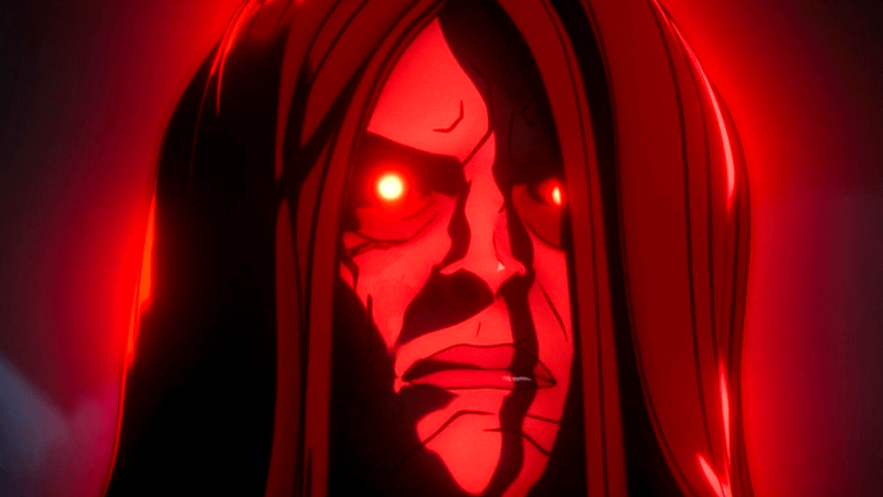 A close-up on a zombie Scarlet Witch in Marvel Zombies