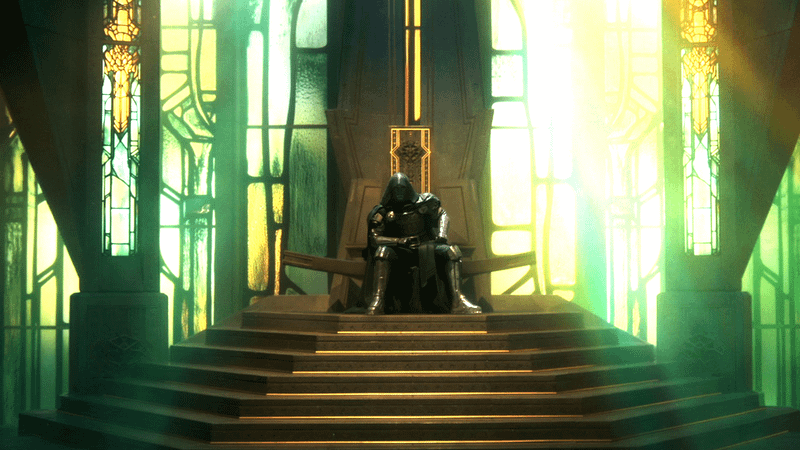 Robert Downey Jr Doctor Doom on Throne in Avengers: Doomsday.