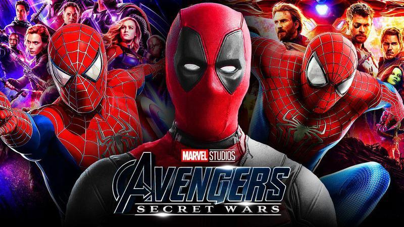 Deadpool with two Spider-Man characters and the Avenges behind him