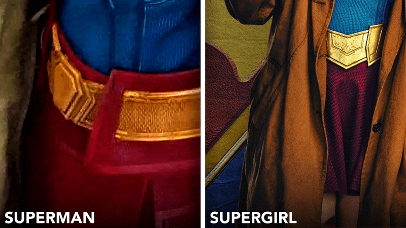 A comparison of the skirt on Milly Alcock's Supergirl costume in Superman and Supergirl