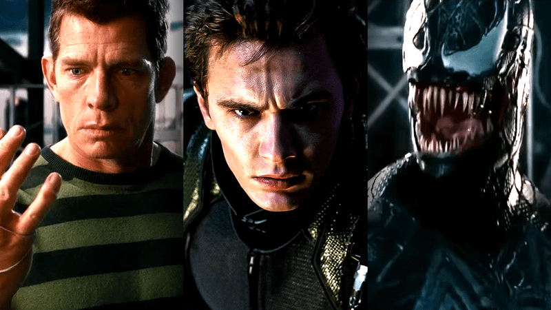 Spider-Man 3's Sandman, Harry Osborn's Goblin, and Eddie Brock's Venom