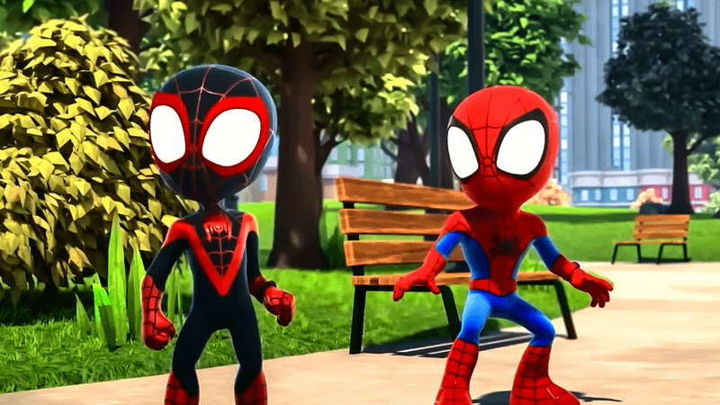Miles Morales and Peter Parker in Spider-Man costumes in 'Marvel's Spidey and his Amazing Friends.'