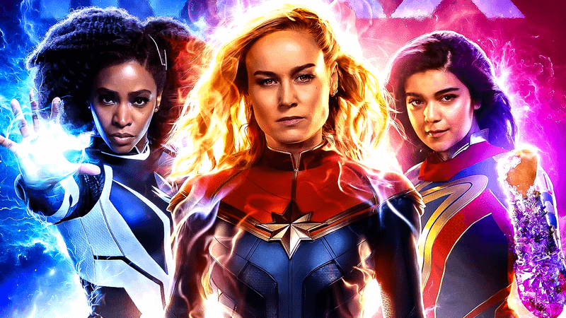 Poster for 'The Marvels' with Teyonah Parris as Monica Rambeau, Brie Larson as Carol Danvers, and Iman Vellani as Kamala Khan.