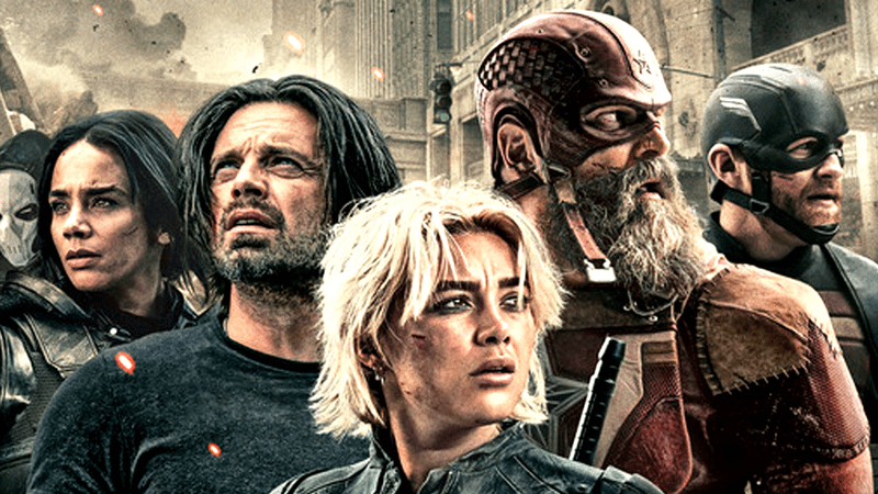 Florence Pugh as Yelena Belova and the Thunderbolts standing in a city street in Thunderbolts*
