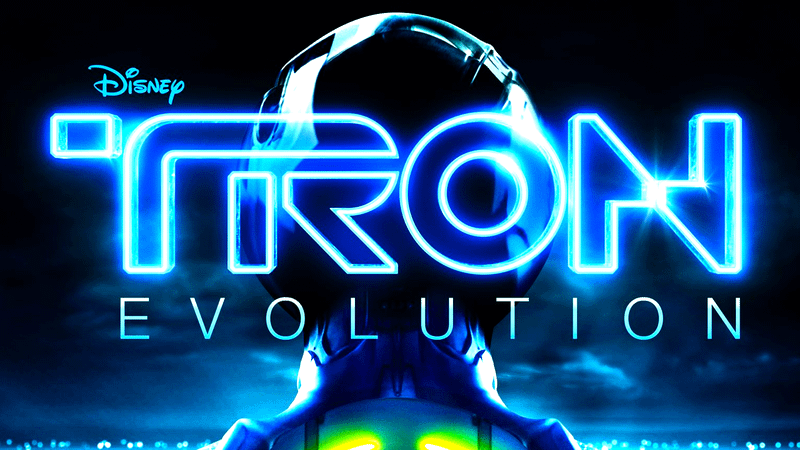 The Tron Evolution poster featuring a helmeted figure looking off at The Grid