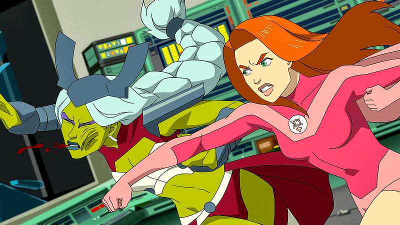 Atom Eve punching Universa in a lab in Invincible