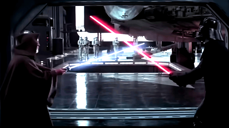 Obi-Wan Kenobi vs. Darth Vader in Star Wars: A New Hope.