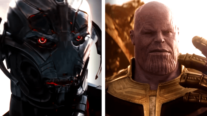 A side-by-side image of Ultron from Avengers: Age of Ultron next to Thanos wearing the Infinity Gauntlet in Avengers: Infinity War.