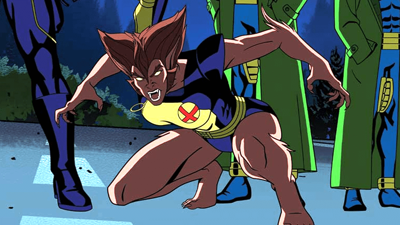 Wolfsbane bares out her fangs while crouching.