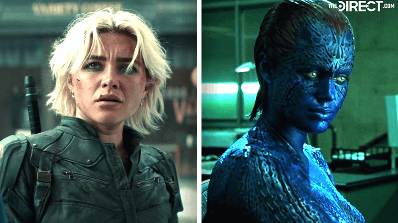 Florence Pugh as Yelena Belova in 'Thunderbolts*,' Rebecca Romijn as Mystique in 'X2.'