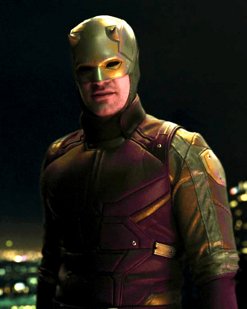 Charlie Cox in red-and-yellow Daredevil costume from 'She-Hulk: Attorney at Law.'
