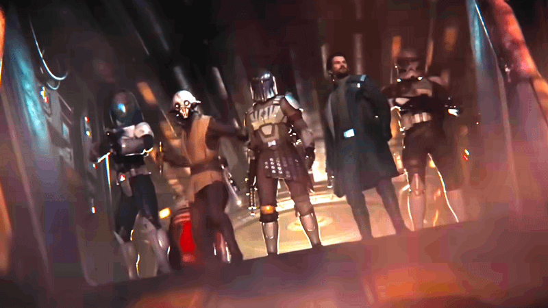 Characters from video game, Star Wars Zero Company, stand side by side.