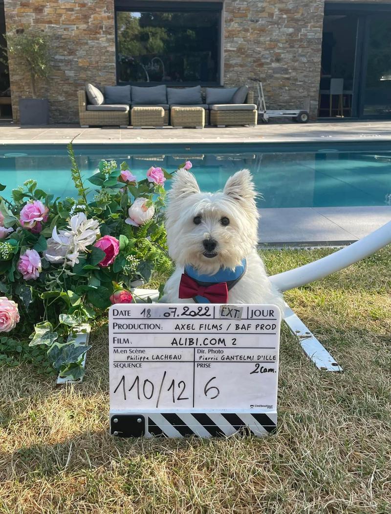 Maguy with a slate in front of him on the set of Netflix's Champagne Problems
