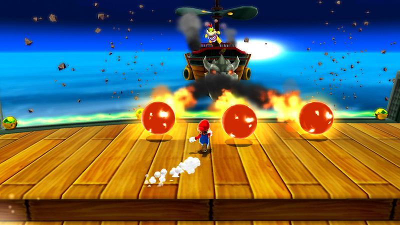 Mario running at some cannon balls with Bowser Jr. in font of him on an airship in Super Mario Galaxy