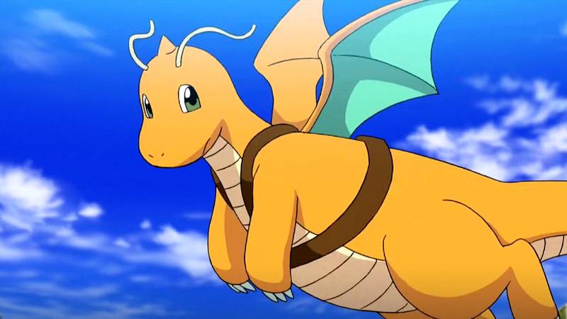 Dragonite flying in the sky in Pokemon