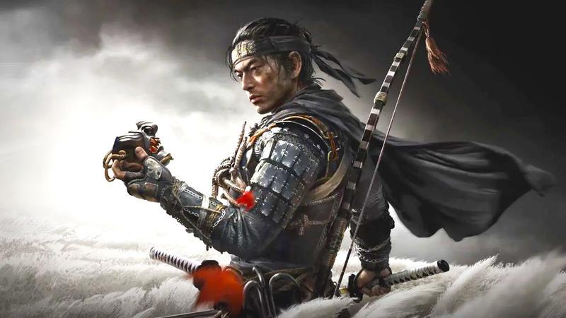 Jin Sakai looking down at his mask in Ghost of Tsushima
